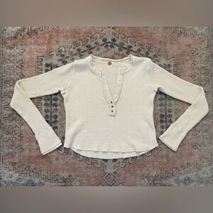 Free People Cream Thermal Henley Boho Western Cottage Peasant Long Sleeve Small